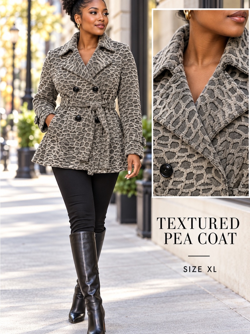 Lisa International Taupe Textured Double-Breasted Pea Coat